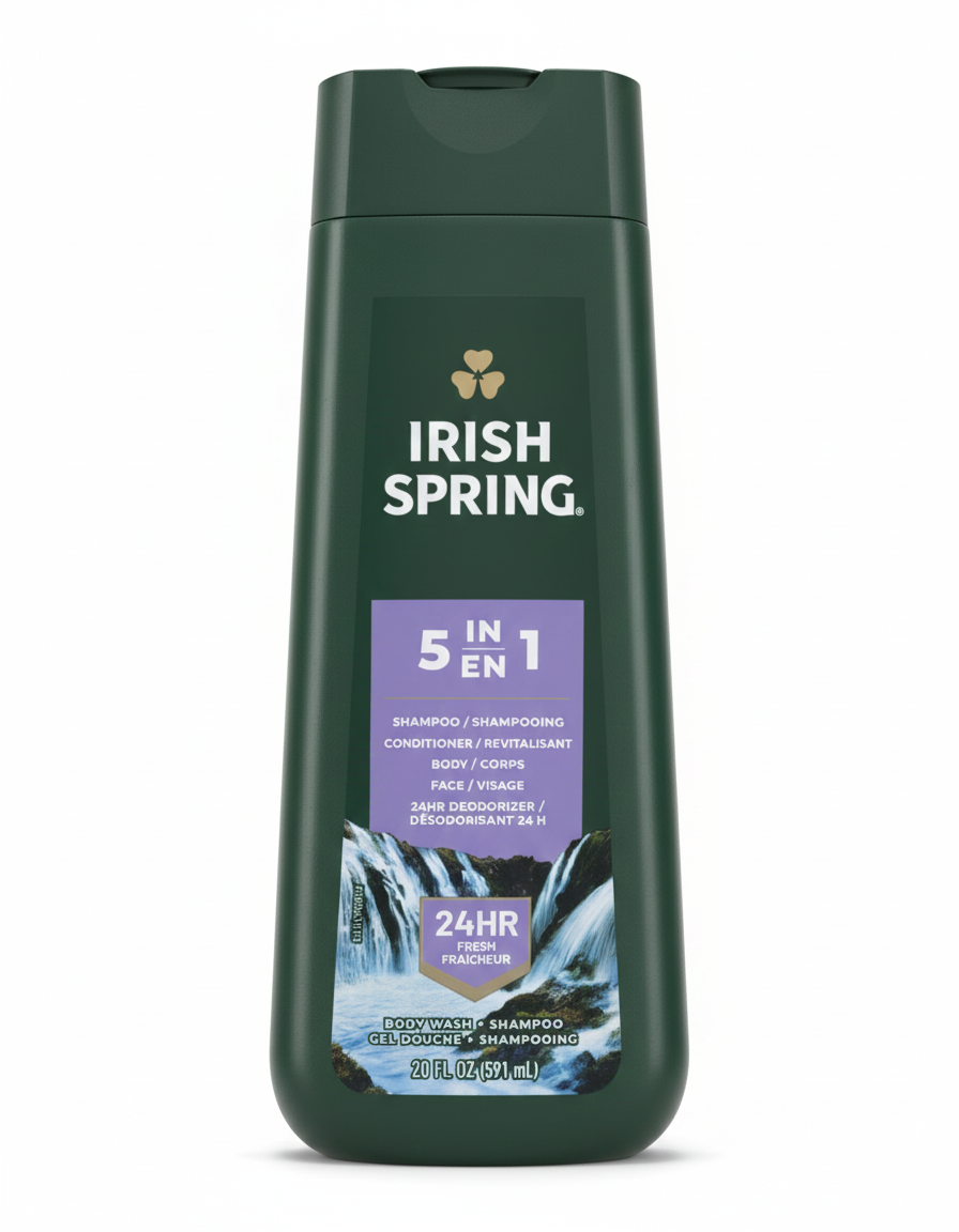 Jabón Líquido Corporal Irish Spring 5 en 1 para Hombre (20 oz / 591 ml) – Solución Total para Cabell